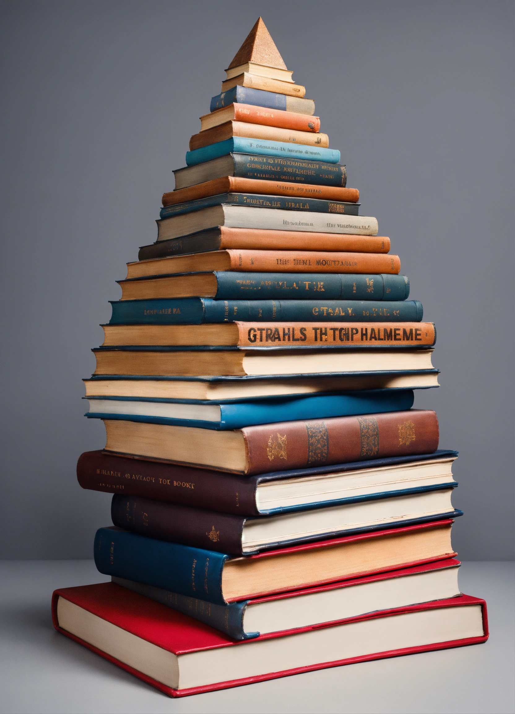 A mountain of books in the shape of a triangle and